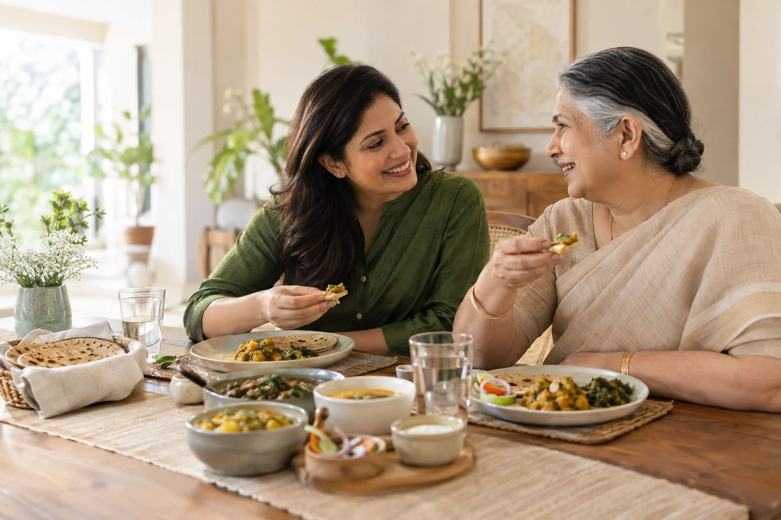 A mother and daughter sharing a meal