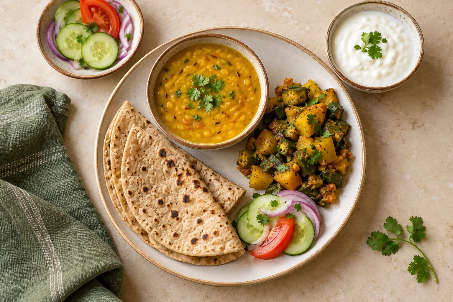 An example of familiar Indian foods arranged as a meal